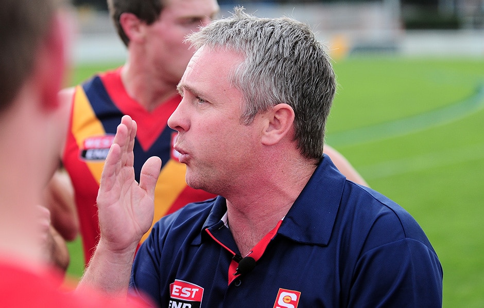 VFL STATE MATCH 2014 - VFL v SANFL South Australia coach Michael Godden at quarter time during the state match between the VFL and SANFL at North Port Oval, Melbourne on May 31, 2014. (Photo: Theo Karanikos/AFL Media)